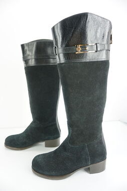 Tory Burch Black Suede Jenna Logo Tall Knee Riding Boots New